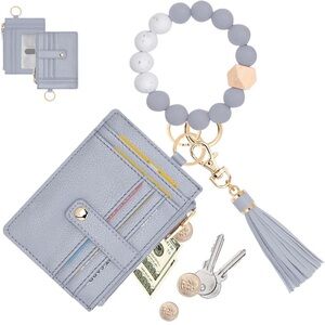 NWOT Gray Leather Card Holder with Tassel Keychain